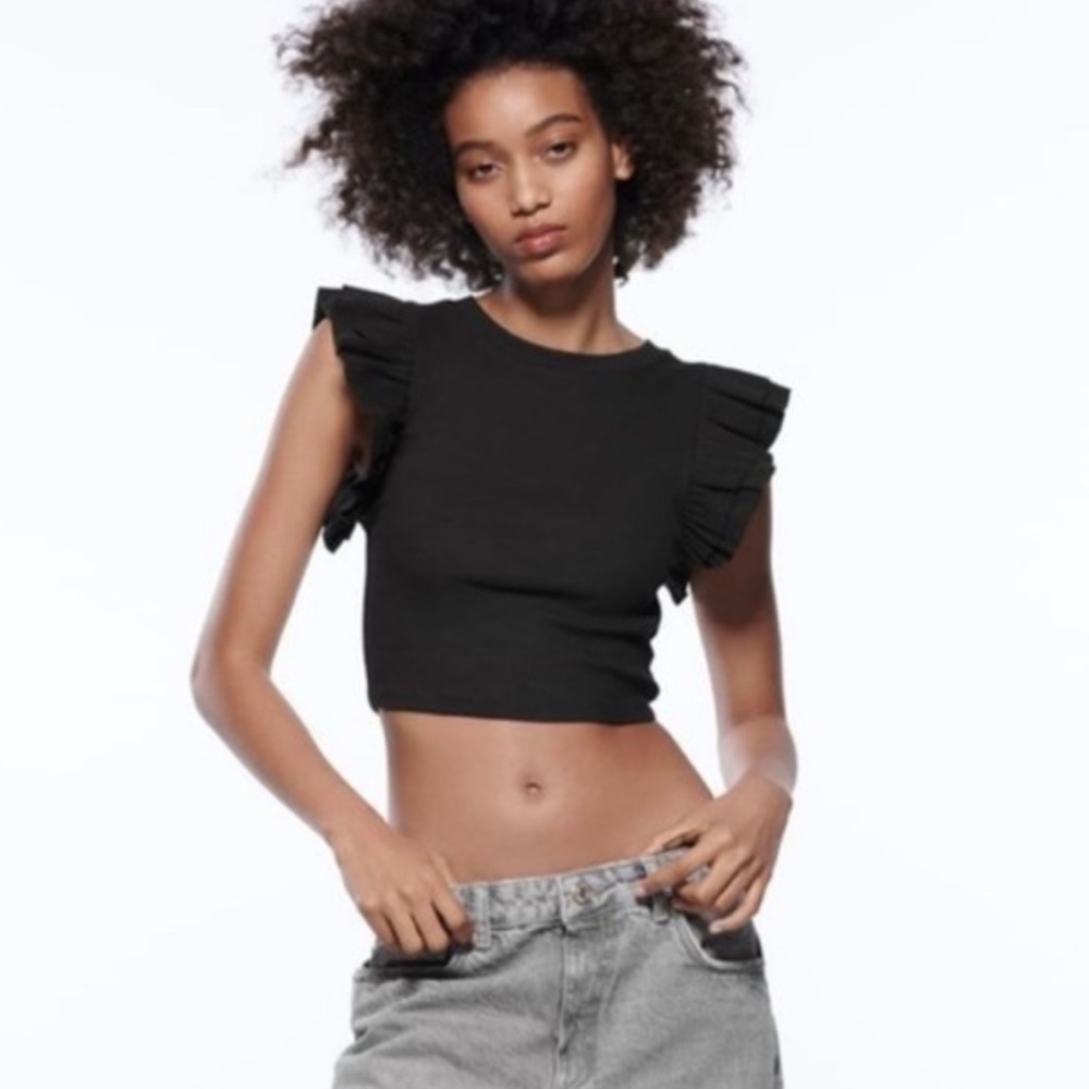 Black Ruffle Sleeve Crop Top Ribbed